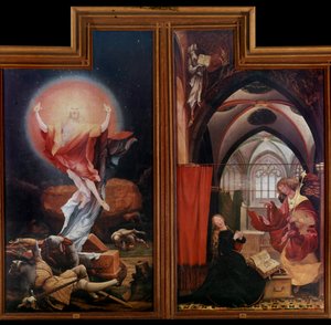 Alterpiece of Issenheim (eller Isenheim): “” The Resurrection ”” ”” The Annunciation ”” Paneler af Mathis Neithardt Gothardt Dit Matthias Grunewald (1480-1528) (Ec.All.) 1512-1516 Colmar, Musee Unterlinden,
