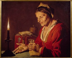 Girighed - En gammel kvinde ser på sine guldmønter, som hun lige er kommet ud af sit skjulested, i lyset af et stearinlys - Maleri af Mathias Stomer (Matthias Stom) (1600-1650) Ec Flam