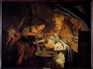 Pontius Pilatus (Pontius Pilatius) vasker sine hænder Pontius Pilatus (10 f.Kr.-39 e.Kr.), præfet af Judæer, der dømmer ubrugelig til at fordømme Jesus Kristus, vasker sine hænder for at markere sin uenighed - Maleri af Mathias Stomer (Matthias Stom) (1600