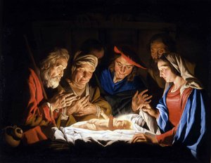 The Adoration of the Christ Child par Stomer (Stom), Matthias (ca.1600-efter 1650). Olie på lærred, størrelse: 127x163, ca 1640-1645, Palazzo Madama Torino