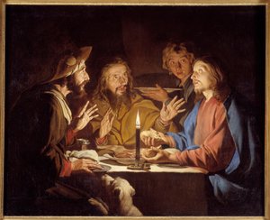 Emmaus Kristi disciple viser sig for pelerinerne, der sidder ved et bord i en kro i Emmaus - Maleri af Mathias Stomer (Matthias Stom) (1600-1650) 1600-tallet søn 1,3x1,64 m Grenoble, Musee des Beaux Arts