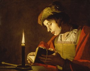 En ung mand, der læser ved levende lys, af Matthias Stom (Stomer) (ca.1600-efter 1650). Olie på lærred, ca. 1630. Størrelse: 58,5x73,5cm. Nationalmuseum Stockholm