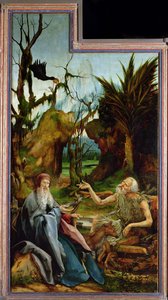 Isenheim-altertavlen. Venstre fløj: Møde mellem Saint Anthony og Saint Paul the Anchorite i Des