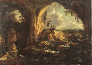 Interiør af en grotte med en antik vase og ruiner, tre pilgrimme ved indgangen