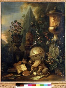 Vanitas, stilleben med en vase (Vanitas, stilleben med en vase). Maleri af Matthias Withoos (1627-1703). Olie på lærred, 83 x 67 cm. hollandsk kunst fra det 17. århundrede. Pushkin Museum of Fine Arts, Moskva.
