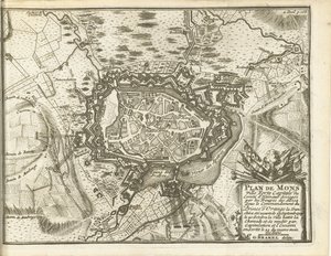 Beleg van Bergen, 1709 Kort over Mons Ville Forte (...) Belejret af Alliez-tropper. under kommando af Prinsen af ​​Orange (...) (titel på objekt)