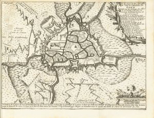 Beleg van Gent, 1708 Kort over belejringen og angrebene på byen og citadellet i Gent belejret af de allieredes hære den 22. december 1708 under ledelse af prinsen og hertugen af ​​Marlborough (titel på objektet)