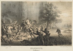 Bulgersteyn belejret af normannerne, ca. 810 Bulgersteyn (Nordmændene) (titel på objekt) af Matthijs Willem Gerardus Michielsen