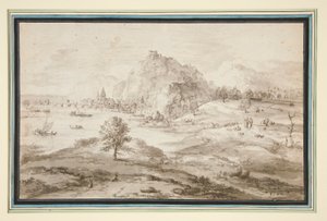 Bjerglandskab med havn og by af Matthys Cock