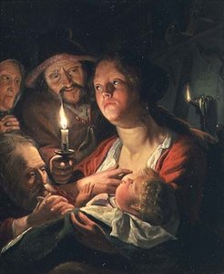 Mor og barn ved levende lys af Matthys Naiveu
