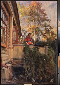 På balkonen - Maleri af Matvei Markovich Zaytsev (1880-1940), olie på lærred af Matvei Markovich Zaytsev