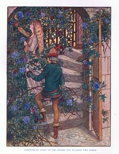 Ermentrude gik op ad trappen og plukkede roserne, illustration fra Lady And Fairy Tales, 1914