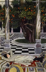 Besøg i Bagdad: På forgården (farve litho) af Maurice (after) Greiffenhagen