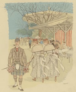 En skotsk mand i traditionel højlandskjole blandt befolkningen i Cannes, Frankrig (farve litho)