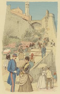Folk, der går på den store trappe ved det kongelige palads, Monaco. (farve litho) af Maurice Charles Mathieu Bonvoisin
