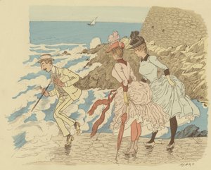 Stående på anløbsbroen ved La Condamine i Monte Carlo; Monaco. (farve litho) af Maurice Charles Mathieu Bonvoisin