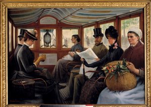 I omnibus passagerer bosætter sig i en omnibus. Maleri af Maurice Delondre (1800-tallet) 1890 søn. 0,66x0,94 m Paris, Musee Carnavalet af Maurice Delondre