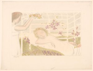 Sovende pige får blomsterkrans Allegori (titel på objekt) Repræsentationer af kærlighed (serietitel) Amour (serietitel) af Maurice Denis