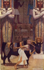 Pigekonen og Bata-tyren fra fortællingen om bonden der blev konge, illustration fra "Egyptian Myth and Legend" af Donald A. Mackenzie, udgivet i 1907