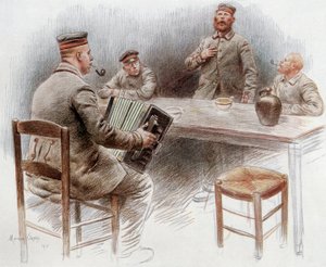Fanger spiller harmonika og synger i fangelejren i Dinan