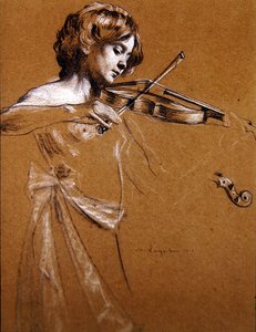 Ung pige, der spiller en violin med blottede bryster af Maurice Langaskens