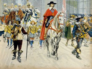 Frankrigs historie: Kong Ludvig XIIIs (1601-1643) og kardinal Richelieu (Armand Jean du Plessis) entrage af Maurice Leloir