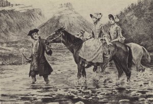 Jean-Jacques Rousseau hjælper to unge kvinder med at krydse et vandløb (dybtryk) af Maurice Leloir