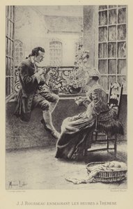 Jean-Jacques Rousseau lærer Therese timerne (gravure) af Maurice Leloir