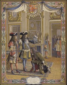 Kong Ludvig XIV, Duc dAnjou, udråbt til konge af Spanien, idet han modtog sin ambassadørs hyldest af Maurice Leloir