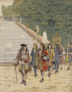 Kong Louis XIV og Samuel Bernard ved Marly, besøg i haverne af Maurice Leloir