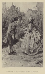 Møde mellem Jean-Jacques Rousseau og Madame de Warens (gravering) af Maurice Leloir