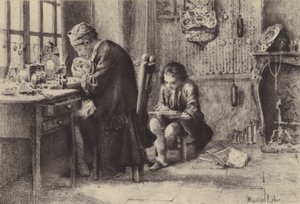 Den unge Jean-Jacques Rousseau læser, mens hans far arbejder (dybtryk) af Maurice Leloir