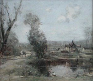 Et spor ved en flod i det nordlige Frankrig (olie på panel) af Maurice Levis