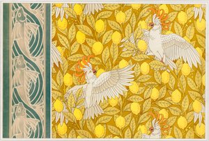 Design til tapetkakaduer med citroner og tapetkant med flyvefisk, pub. 1897. af Maurice Pillard Verneuil
