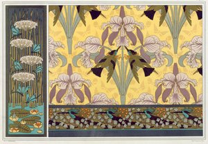 Design til tapetkant, stof og panel: "Dragonflies; Waterlillies and Flowering Rush", Humming Birds and Orchids" og Humming Birds and Maiden Hair Fern" fra 