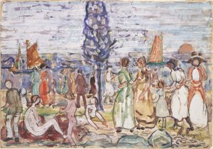 Strand med blåt træ af Maurice Prendergast