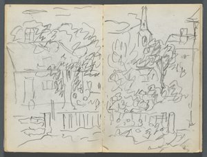 Skitsebog, The Dells, nr. 127, side 084  85: Landskab med huse og spir af Maurice Prendergast