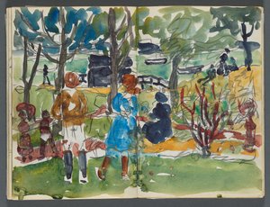 Skizzenbuch, The Dells, Nr. 127, Seite 110 & 111: Figuren in einer Landschaft af Maurice Prendergast