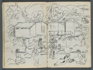 Skitsebog, The Dells, nr. 127, side 114  115: Landskab med figurer og bygninger