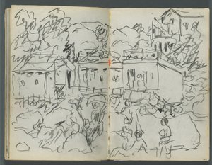 Skitsebog, The Dells, nr. 127, side 146  147: Landskab med figurer og bygninger af Maurice Prendergast