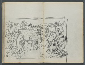 Skitsebog, The Dells, nr. 127, side 154 og 155: Landskab med huse