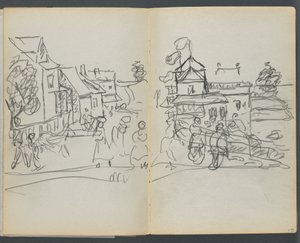 Skitsebog, The Dells, nr. 127, side 174 og 175: Landsby med huse og vej af Maurice Prendergast