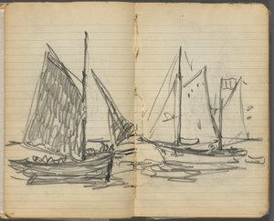 Skitsebog, side 156 og 157: Udsigt til sejlbåde af Maurice Prendergast