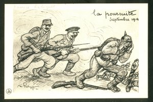 Postkort, satirisk i sort/hvid af Maurice Radiguet