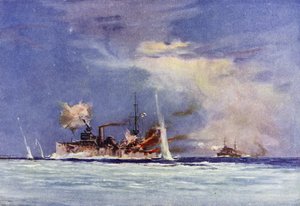 HMAS Sydney, kommanderet af kaptajn John Glossop, angreb den tyske krydser Emden, Slaget ved Cocos, 9. november 1914