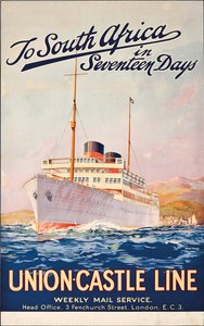 Til Sydafrika om sytten dage; en reklameplakat for Union Castle Line,