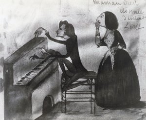 Karikatur af Franz Liszt (1811-1886) og George Sand (1804-1876) i Nohant i 1832, tegning af Maurice Sand (1825-1889)