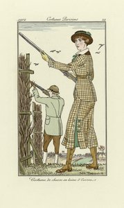 Design til dames tweed skydetøj, fra Costumes Parisien, pub.1912 (pochoir print)