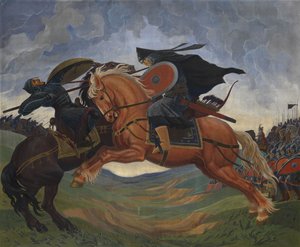 Enkeltkamp af Peresvet og Temir-murza på Kulikovo-marken i 1380 af Mavriki Petrovich Jacobi