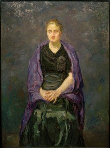 Portræt af Minna Beckmann-Tube med et lilla tørklæde af Max Beckmann
